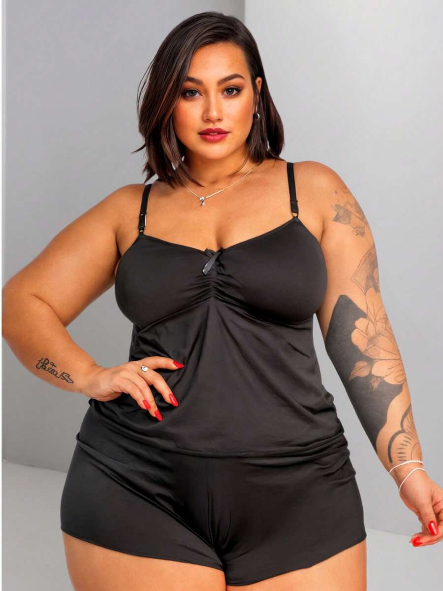 Short Doll Plus Size Garter Belt Baby Doll Female Adult Pajamas In Garter Belt Simple Romantic Sleeveless - 黑色 - 查看 1