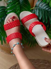 女士厚底编织草绳夏季海滩度假外出个性化时尚一脚蹬坡跟凉鞋 - 紅色 - 查看 5