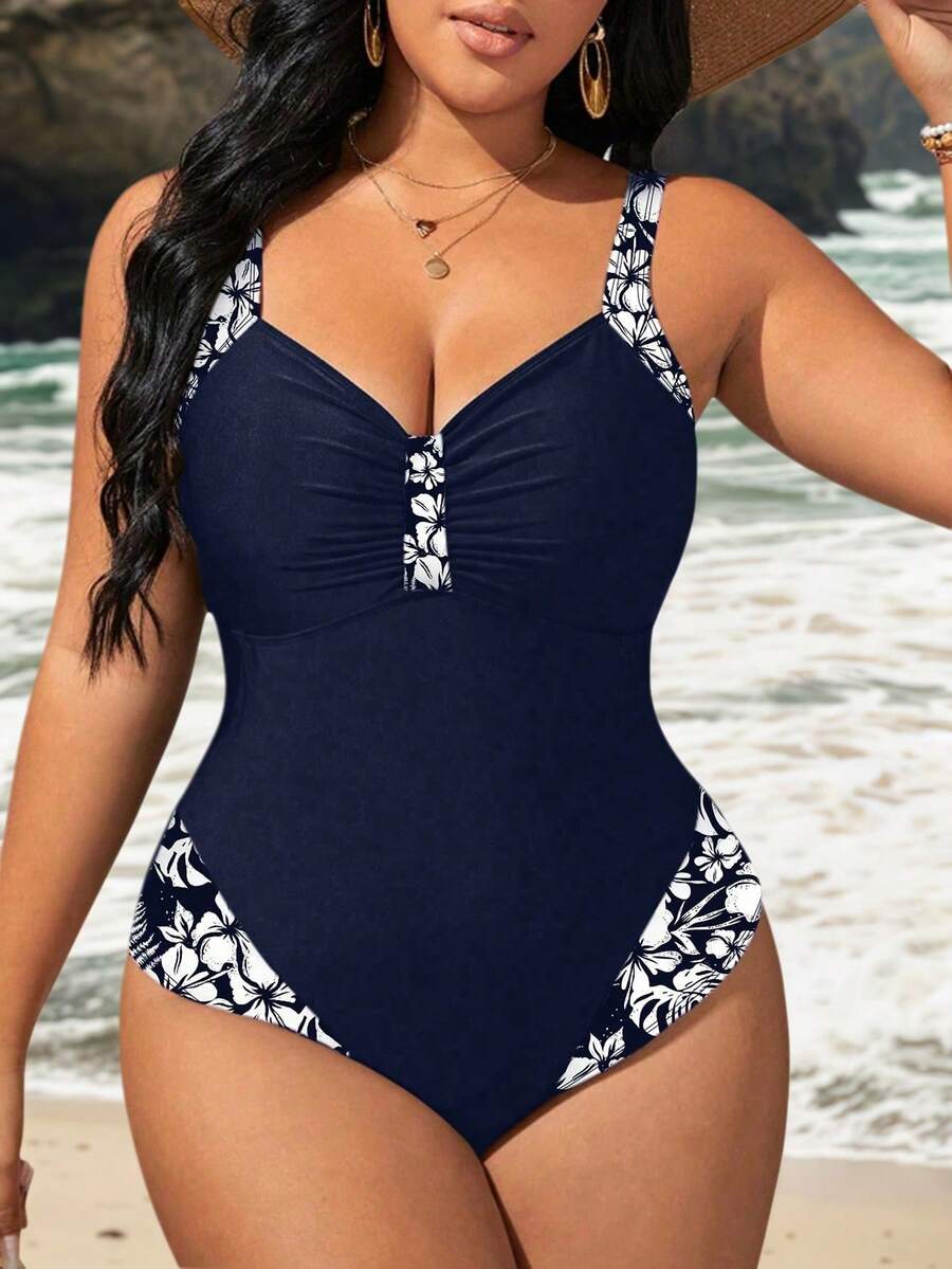 Swim Lushoire 加大码度假海滩花卉印花拼布细肩带连体泳衣夏季