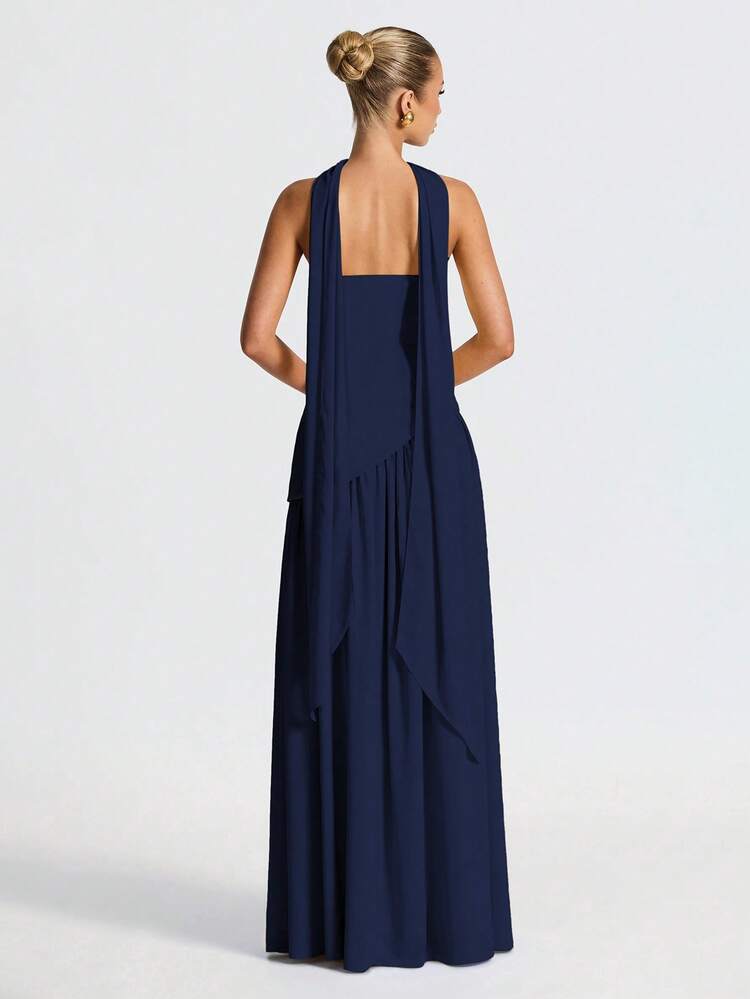 Vestido de Festa de Casamento Elegante e Sexy com Fenda e Decote Ombro a Ombro, Primavera - Azul Marinho - Visão 8