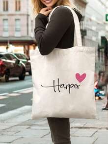 1pc Custom Name Canvas Tote Bag - Personalized School Bag With Heart Design, Ideal For Bridesmaid, Girlfriend, Or Mom Gift, Black With White Script Name "Harper, All-Purpose, Large Capacity, Versatile, Multifunction, Cute, Adorable, Contracted, Funny, Kawaii, Y2K, Minimalist, Commuting, Business Casual, Basics, Custom, Personalized, Customized, Ideal Gifts For Her, Her, Family, Friends, Girlfriend, For Anniversaries, For Birthdays, For Holiday/ Vacation, For Outdoors/Outings/Travel/Hiking/Stadium/Sports/Climbing, For Business/Commute/Work/Office, Customized Women Bags