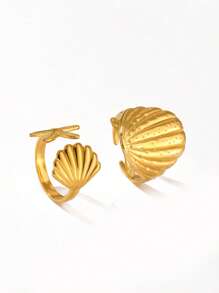 2 piezas Anillos de acero inoxidable con diseño de estrella de mar y concha para mujeres, elegante joyería estilo bohemio para viajes y playa