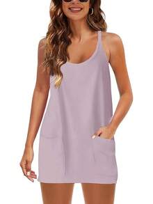 Women's Summer Sleeveless Mini Dress With Built-In Shorts - 淺紫色 - 查看 5