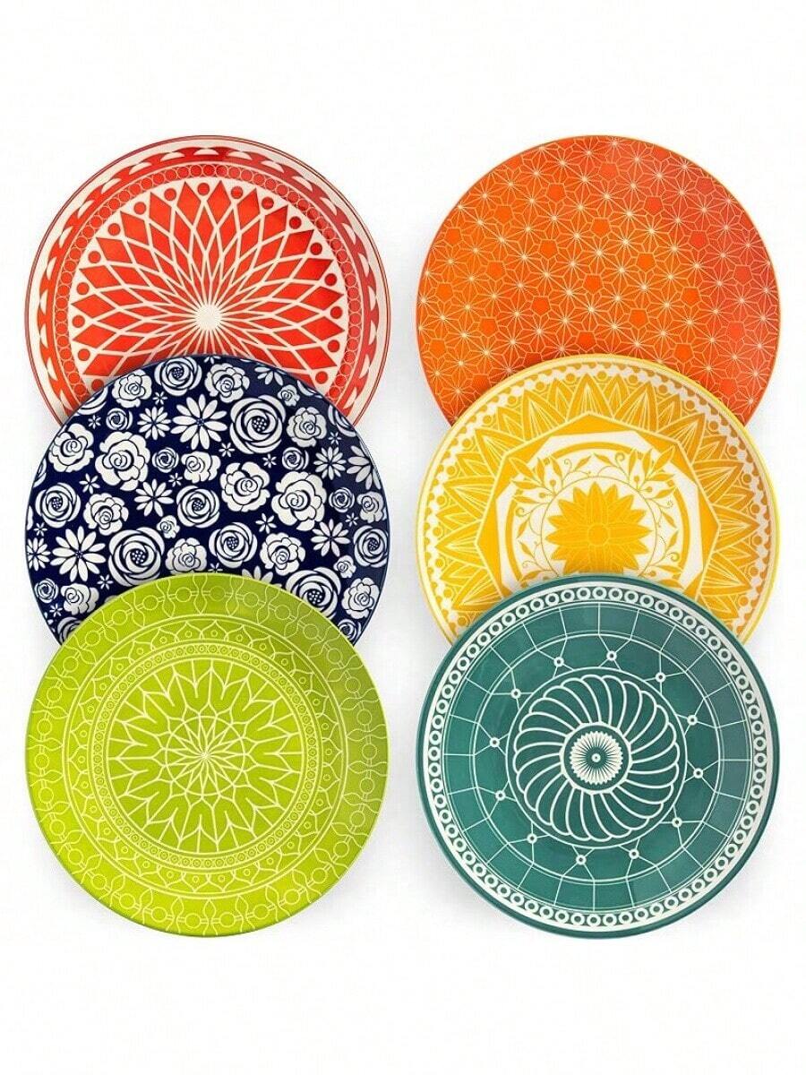 Mismatched Colorful Dinnerware Set Of 6 - Fun Decorative Cute Boho Kitchen Dishes - Zero Lead & Cadmium - 10.5 Inch Diametersummer - 10.5 Inch - View 1