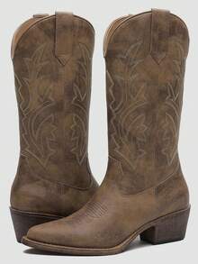 GLOBALWIN Women's Mid Calf Western Cowboy Boots Cowgirl Boots For Women With Floral Embroidery Side Zipper Chunky Heel Fall Boots Halloween Season - 23YY13 駝色 - 查看 1