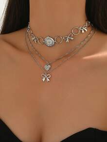 1pc Multilayer Necklace With Heart, Bow, Butterfly & Clock Pendant, Vintage Gold Tone, Stylish For Women, Daily Wear, Valentine's Gift