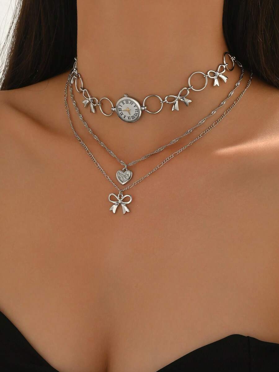 1pc Multilayer Necklace With Heart, Bow, Butterfly & Clock Pendant, Vintage Gold Tone, Stylish For Women, Daily Wear, Valentine's Gift