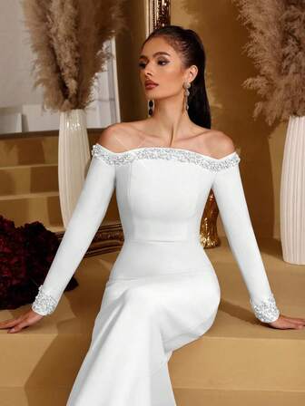 שמלת ערב רשמית חדשה וסקסיה שחורה עם שרוולים ארוכים, כתף פתוחה בעבודת יד, קישוטי יהלומים, שמלת שושבינה אלגנטית לחתונה, מסיבת יום הולדת לאורחים, נשף חגים