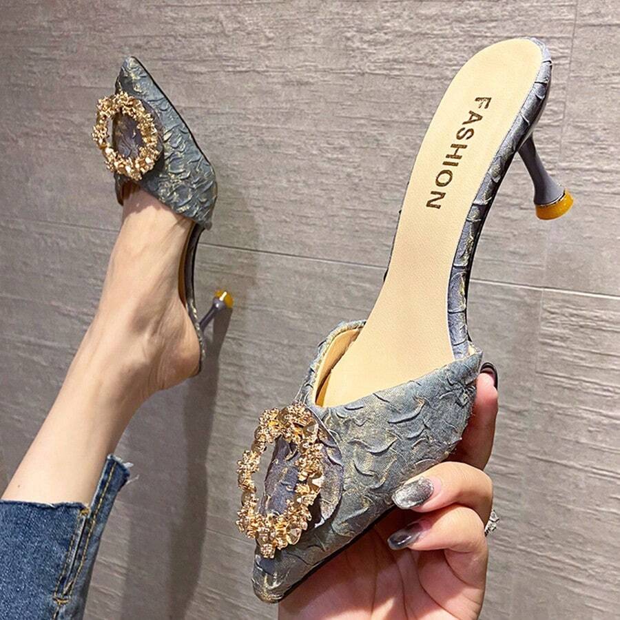 Mujeres Verano Exterior Desgaste Medio Chanclas French Rhinestone Tacones Altos Sandalias Baotou Tacón Fino - Azul - Ver 1