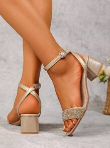 1 Pair Teenage Girls Crystal Studded Strappy Peep Toe High Heel Sandals, PU Leather Comfortable Non-Slip Durable, Suitable For Party, Campus, Dating, Party, Outing 2025 New