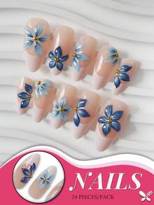 24 件中号杏仁蓝色 3D 花朵按压指甲，法式尖头，优雅渐变裸色假指甲套装，花卉图案和金珠，包含指甲锉和粘性标签，适用于女士派对日常美甲用品