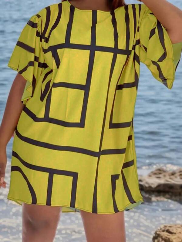 Plus Size Summer Casual Colorblock Plaid Print Short Sleeve Loose Dress