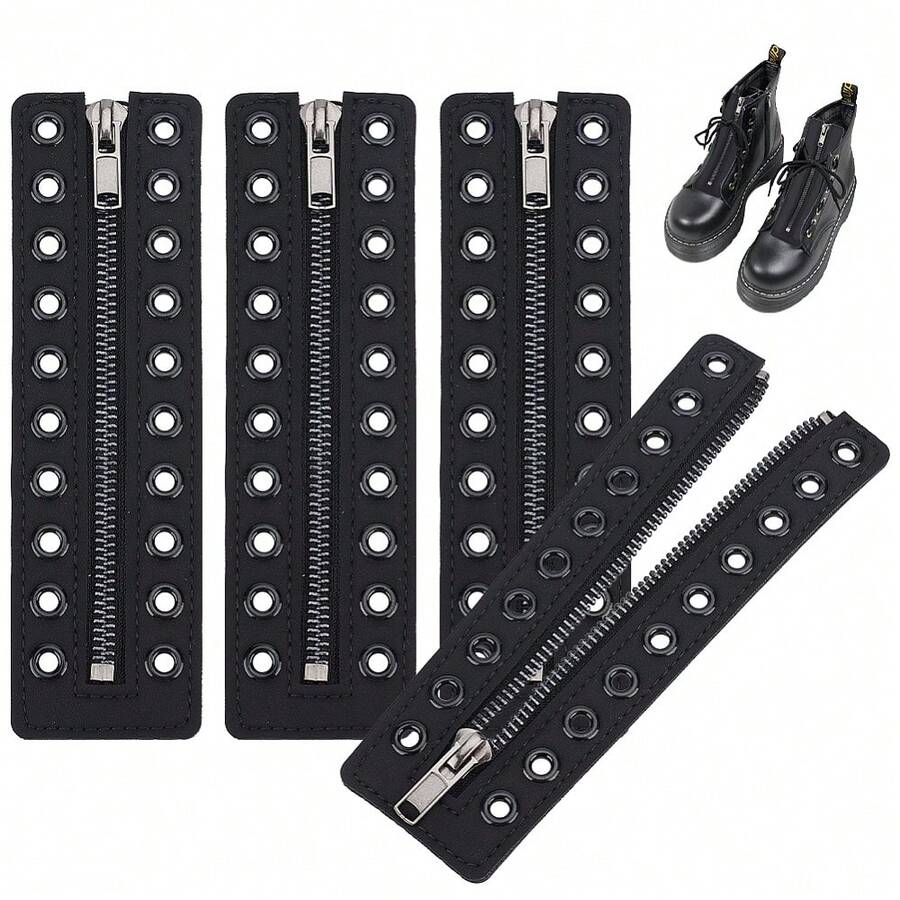MAGICALCUTDIE PU Leather Lace-In Boot Zipper Inserts Tieless Shoe Laces With Iron Findings Black 17.6x5x0.35cm Hole: 4.8mm - Black - View 1