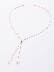 1件简约Y型可调节链条项链，饰以仿珍珠，优雅女士可搭配毛衣，秋冬季圣诞节礼物 - 金色 - 查看 1