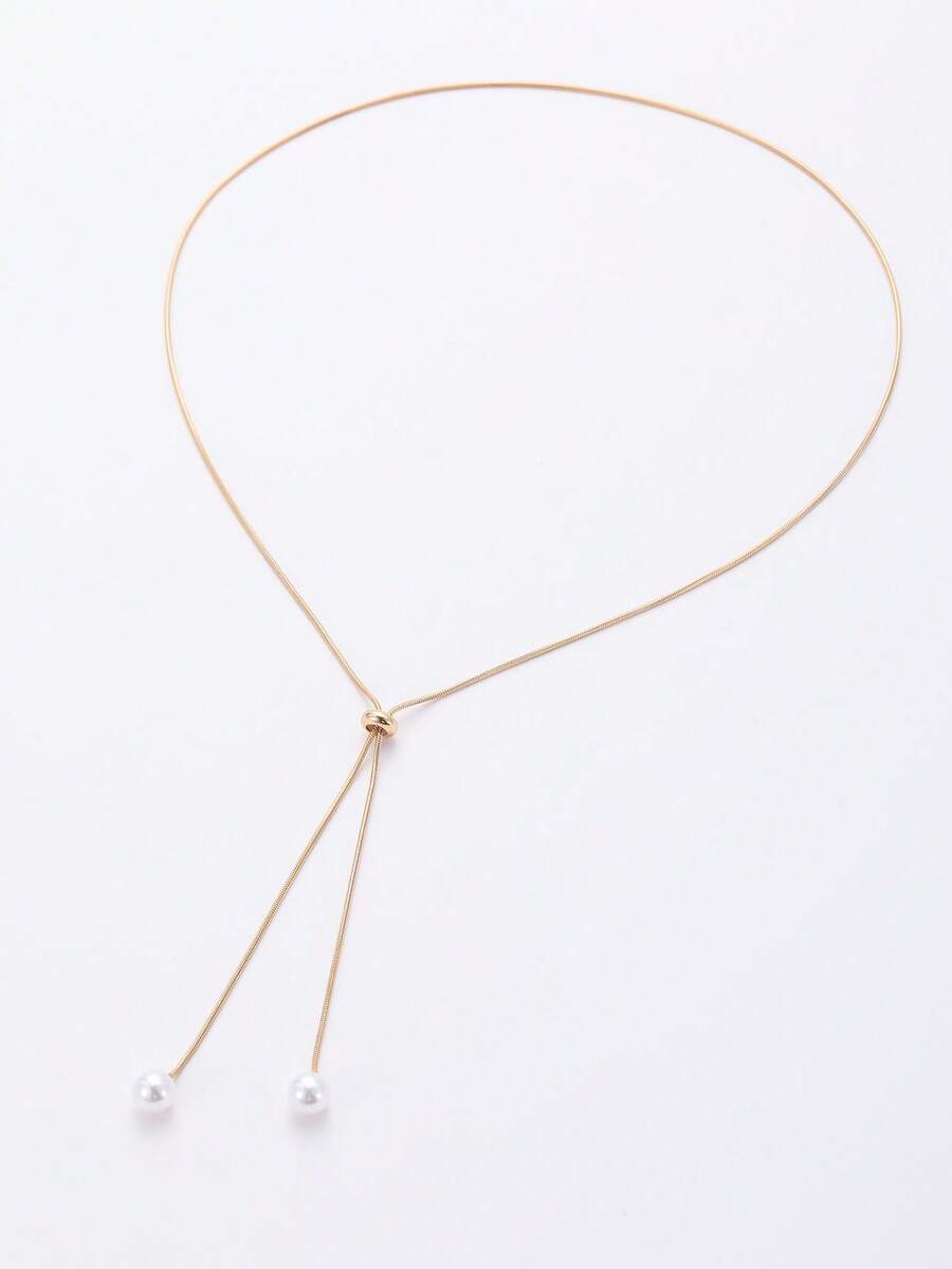 1件简约Y型可调节链条项链，饰以仿珍珠，优雅女士可搭配毛衣，秋冬季圣诞节礼物 - 金色 - 查看 1