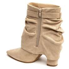 Women's Solid Color Pointed Toe Zipper Mid-Calf Boots With Buckle - Beige - View 4