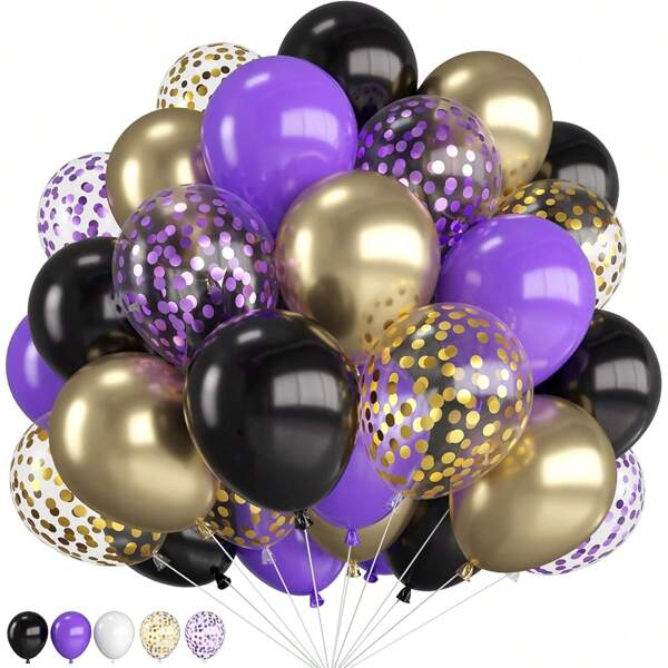 35pcs 10-Inch Purple & Black, Gold Balloons With Purple & Gold Confetti, Suitable For Graduation, Back To School, Wedding, Engagement, Birthday, Bridal Shower, Balloon Decoration, Photo Prop