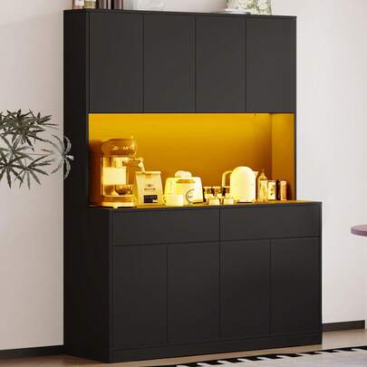 71" Modern Kitchen Pantry Cabinet With Power Outlet & USB Power LED Light - Large Storage Hutch, 8 Doors, 2 Drawers - Freestanding For Kitchen/Dining Room