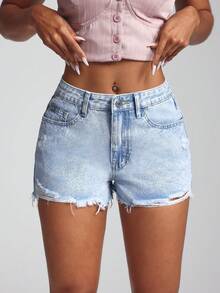 Jeanoix 斜口袋休闲破洞下摆牛仔短裤