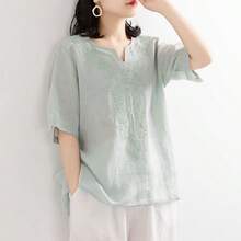 Women Summer Loose Cotton Linen T-Shirt Casual Vintage Embroidery V Neck Plus Size Short Sleeve Basic Tops - màu xanh lá - Xem 1