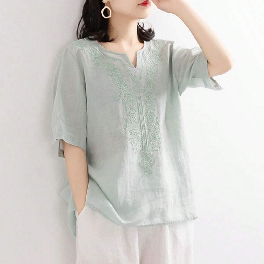 Women Summer Loose Cotton Linen T-Shirt Casual Vintage Embroidery V Neck Plus Size Short Sleeve Basic Tops - màu xanh lá - Xem 1