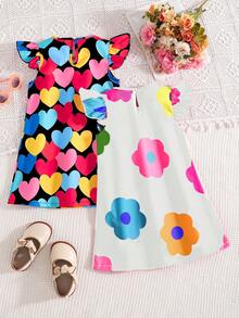 2 件女童休闲简约可爱日常夏季服装，圆领盖袖连衣裙，优雅端庄的女孩，适合户外、度假、派对、春夏新品 - 彩色 - 查看 2