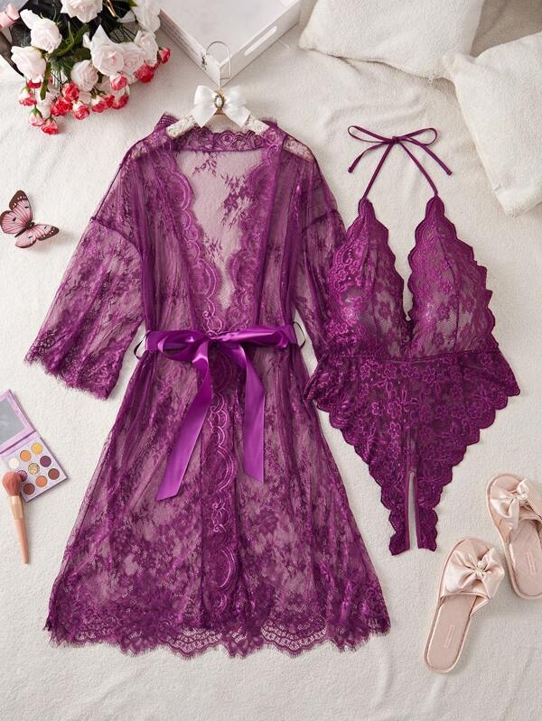 Plus Size Lace & Sexy Lingerie Bodysuit, Ideal Sleepwear Set