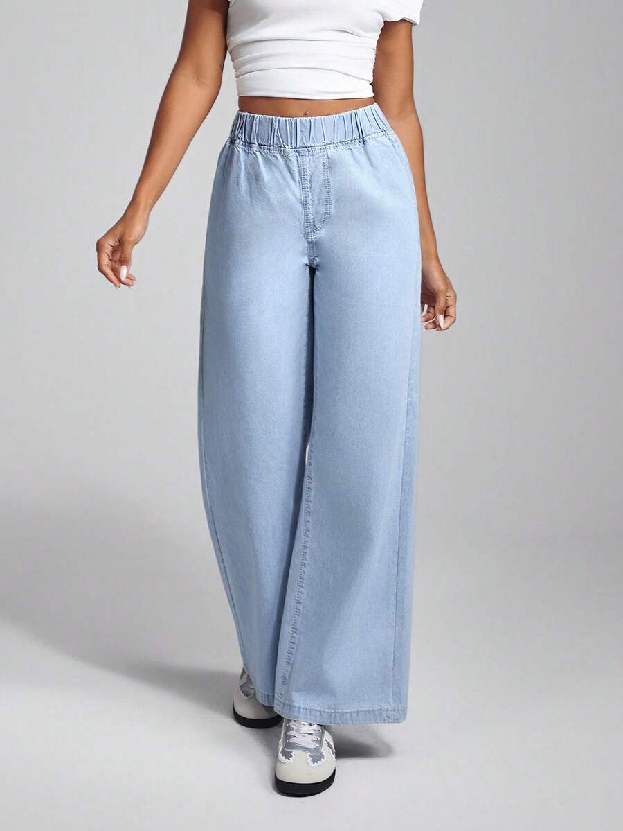 Jeanoix 女士百搭休闲松紧腰阔腿宽松常规中蓝色编织薄料牛仔裤 - 淺色水洗藍 - 查看 1