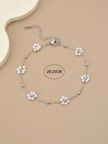 1pc Handmade Stainless Steel & Pearl Anklet For Women (Actual Flower Arrangement May Vary From Image) - Silver - View 3