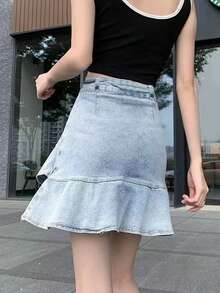 女士休闲拼接荷叶边牛仔迷你裙 夏季 - 淺色水洗藍 - 查看 2
