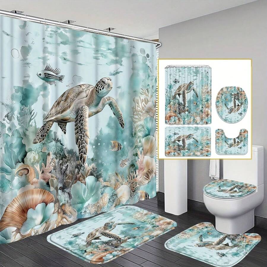 1/4 Pcs Set Bathroom Sea Turtle Shower Curtain, Blue-Green Ocean Beach Coastal Decor Shower Curtain Gift, Modern Home Bathroom Decor Curtain And Rug Set With 12 Hooks Bathroom Accessories Back To School