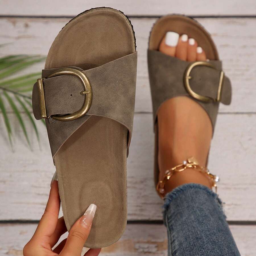 Stylish & Comfy Women's Slip-On Sandals With Adjustable Buckle & Platform - Light Grey - View 1
