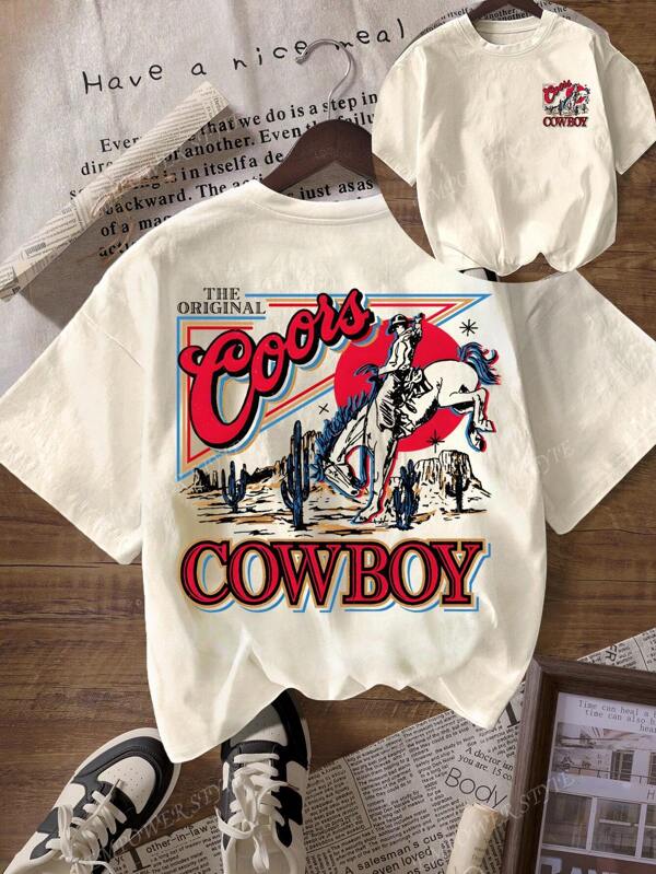 Western Cowboy Print T Shirt Casual Comfy Crew Neck