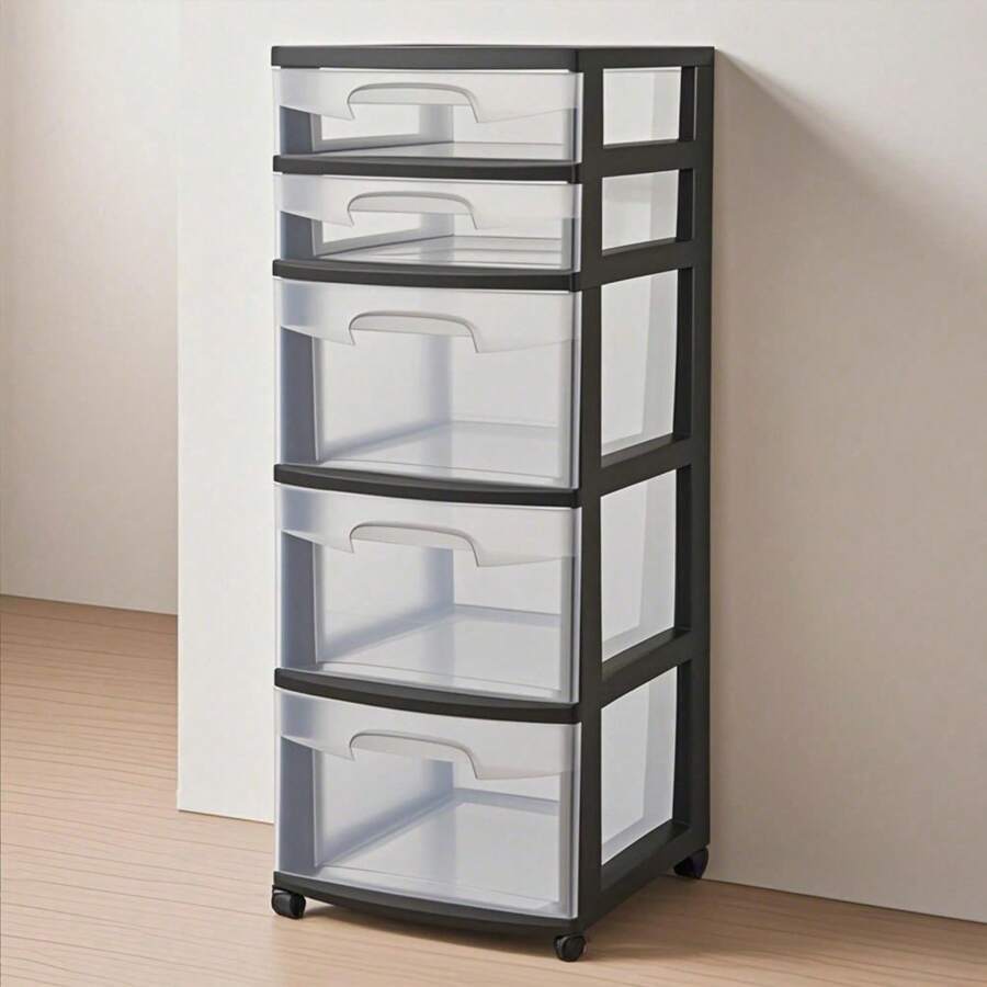 "5-Drawer Storage Tower With Black Frame And Clear Drawers – Space-Saving Organizer Unit"