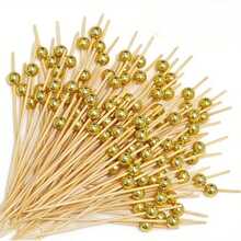 100pcs Elegant Bamboo Fruit Picks With Gold Bead Top - Perfect For Appetizers, Beverages, Fruits, Hors D'oeuvres And Weddings, Wedding Decor | Stylish Gold Bead Fruit Forks | Durable Bamboo Sticks For Fruit Displays - Multicolor - View 3