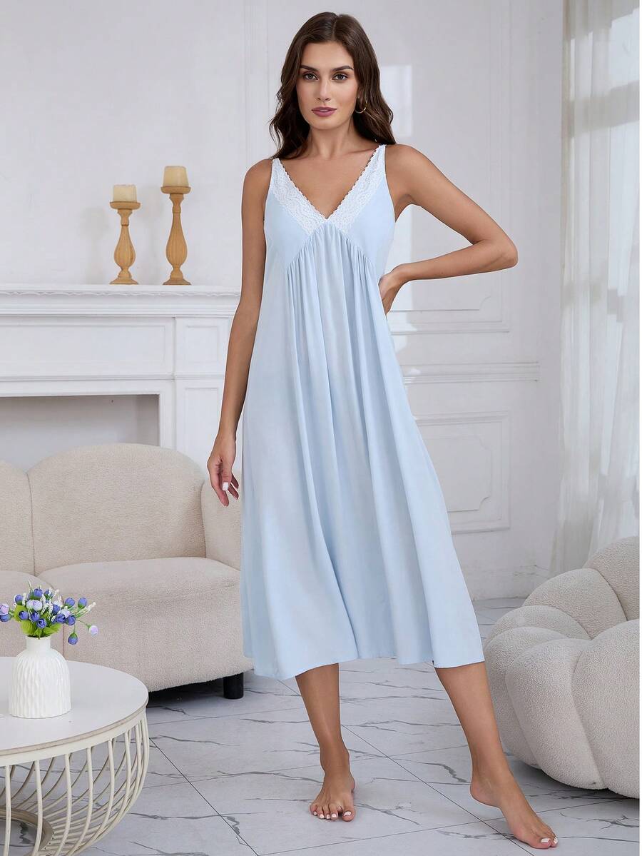 Women Summer Sleeveless Camisole Nightdress Backless Thin Dress, Can Be Worn Outerwear - Blue - View 1