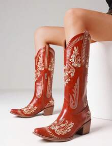 Cowboy Boots For Women Wide Calf Knee High Western Cowgirl Boots Classic Embroidery Pointed Toe Chunky Heel Pull-On Vintage Tall Boots - Đỏ - Xem 3