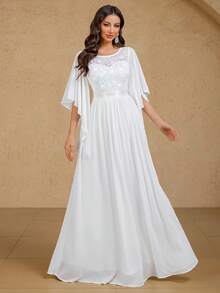 MIUSOL Elegant Sequin Floral Lace Butterfly Sleeve Chiffon Pleated Hem Wedding Maxi Dress, Formal Evening Gown, Party Dress, Wedding Guest Dress