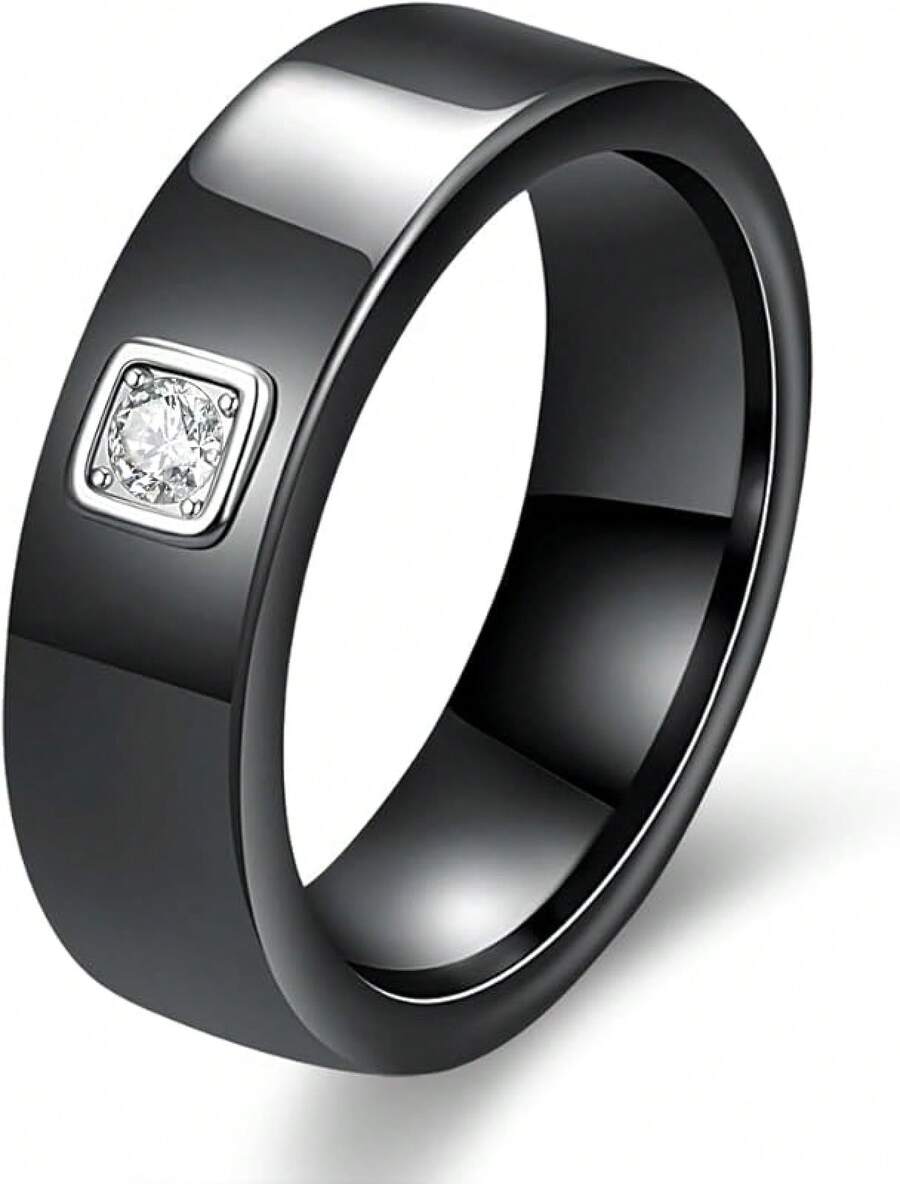 6mm White/Black Ceramic Rings Plus Cubic Zirconia For Women Comfort Fit Engagement Wedding Band Size 5-122025 - Black - View 1