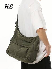 Large Capacity Shoulder Bag, Japanese Style Messenger Bag For High School/College Students, Vintage Washed Canvas, Multi-Pocket, Foldable, Green Bag School Shopping Bag Canvas Tote Bag Laptop Case - Green - View 2