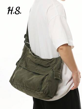 Large Capacity Shoulder Bag, Japanese Style Messenger Bag For High School/College Students, Vintage Washed Canvas, Multi-Pocket, Foldable, Green Bag School Shopping Bag Canvas Tote Bag