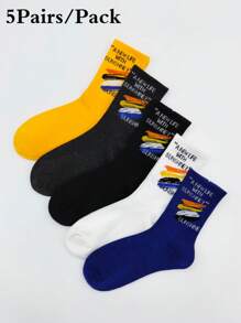 5 Pairs Men's Sports Socks, Korean Style Striped & Letter Print Street Couple Mid-Calf Long Socks
