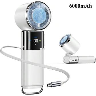 SULVGO Ultra Portable Semiconductor Cooling Fan With Built-In Extension Cable And 6000mAh Large Capacity Battery, Can Charge Your Phone At Any Time, Charge Portable Handheld High Speed Fan, Versatile 100-Speed 11000RPM Airflow Wind High Speed Fan, Foldable & Hanging Neck Fan Suitable For Family, Travel, And School, Boyfriend Gift, Girlfriend Gift, Best Friend Gifts