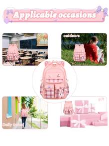 3-Piece Set: Bowknot Girl Backpack, Lunch Box Bag, Pencil Case, Polyester Plaid Pattern, Multi-Pocket, Large Capacity, Student School Backpack With 3 Detachable Badges, Back To School Essentials, Suitable For School And Travel
