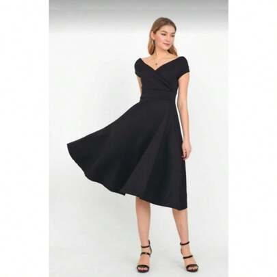 Women's Elegant Black A-Line Midi Dress – Off Shoulder Cocktail Party Dress For Weddings, Evenings, Dates & Special Occasions