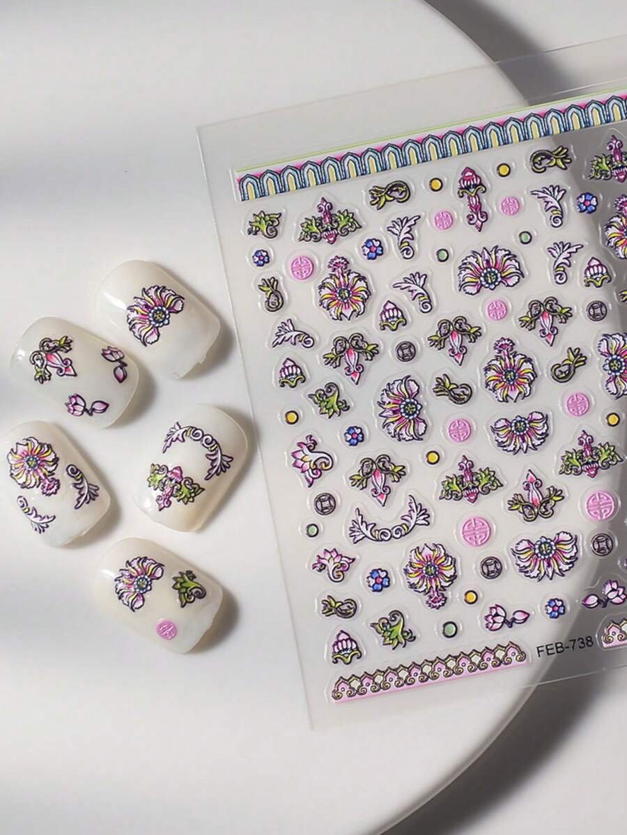 1 pezzo Adesivi per unghie 5D a rilievo con fiori di loto a effetto sfumato, decorazioni adesive per unghie, sticker per manicure fai-da-te