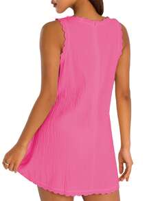 Women Casual Tank Dress Sleeveless Mock Neck Back Zipper Linen Summer Dress Scallop Halter Dress Sundress Beachwear - Hot Pink - View 2