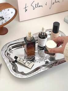 1 pieza Bandeja de joyería rectangular plateada en vintage/Bandeja de acero inoxidable para alimentos: Ideal para almacenar joyas, cosméticos - Adecuado para la organización del escritorio - Plateado - Ver 9