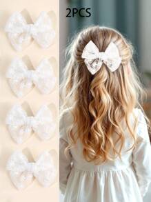 2pcs Girls Mesh Bow Hair Clips, Solid White Hair Bows For Girls, Elegant Flower Hairpins, For Daily And Holiday, Hair Accessories