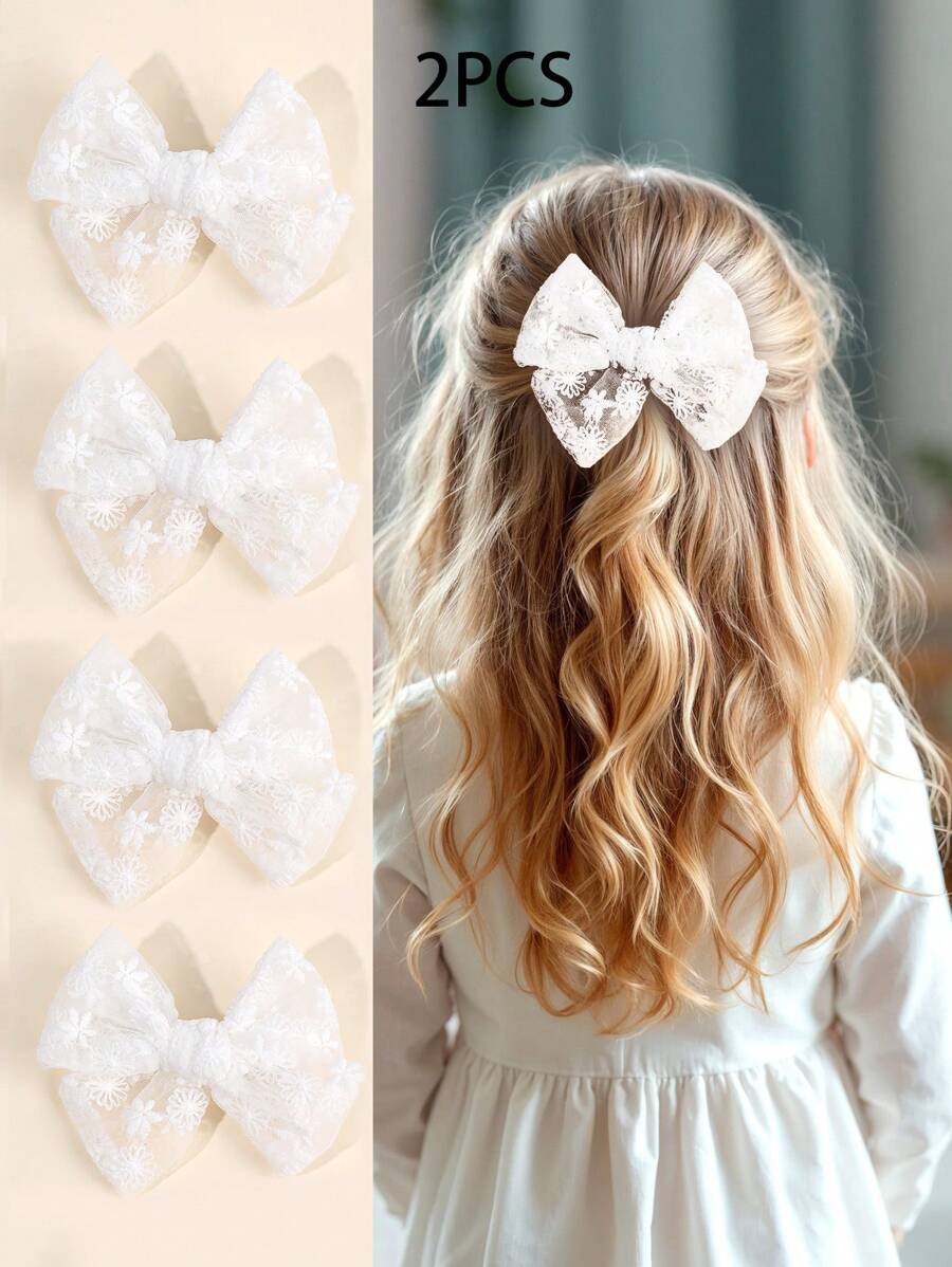 2pcs Girls Mesh Bow Hair Clips, Solid White Hair Bows For Girls, Elegant Flower Hairpins, For Daily And Holiday, Hair Accessories